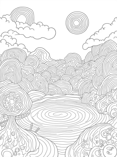 Interlocking Circles Landscape with Tranquil Pond