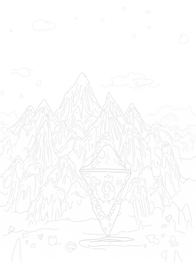 Vibrant Triangular Mountain Range with Prism and Banners