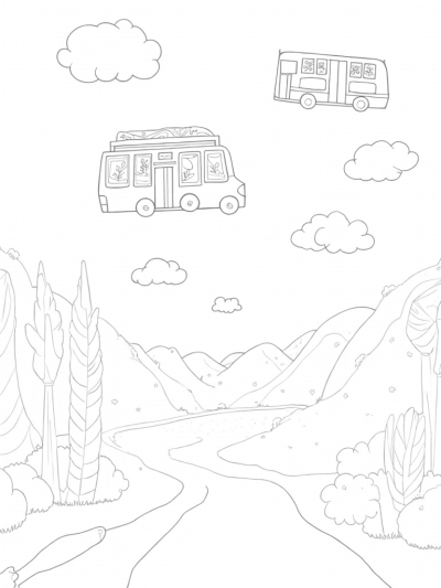 Floating Buses in a Colorful Cityscape