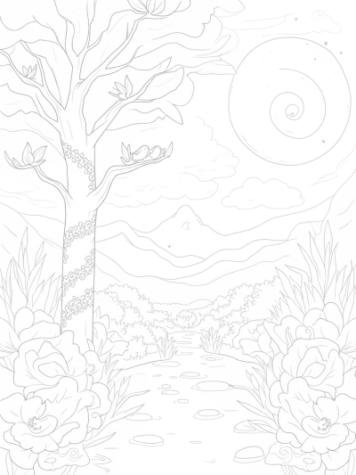 Serene Garden with Towering Tree and Stream