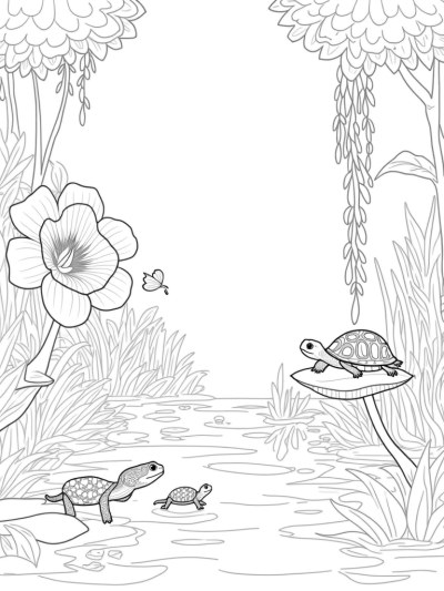Turtle on a Lily Pad with Colorful Butterflies and Chameleons