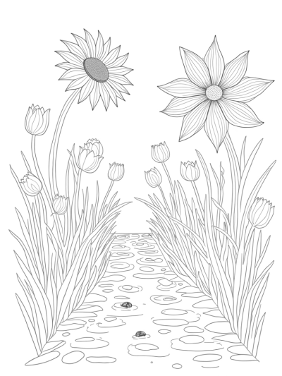 Oversized Flowers and a Spiraling Sunflower in a Garden