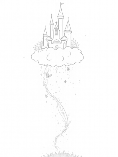 Floating Castle on a Cloud with Colorful Flowers