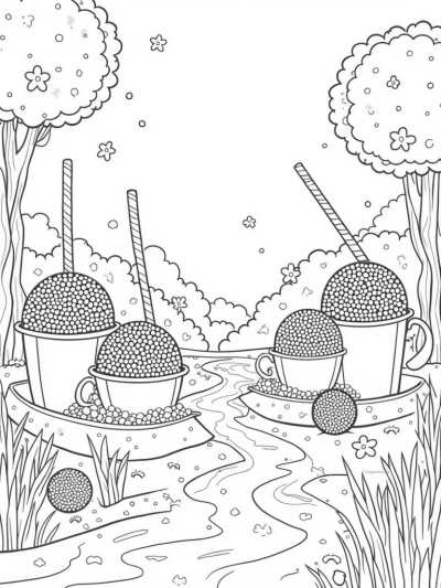 Boba Tea Garden with Giant Cups and Colorful Pearls