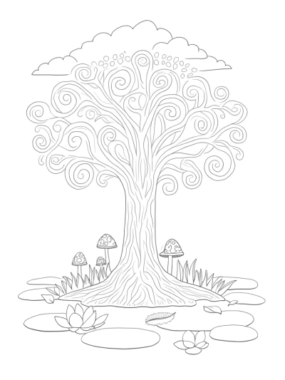 Majestic Tree with Colorful Mushrooms and Floating Clouds
