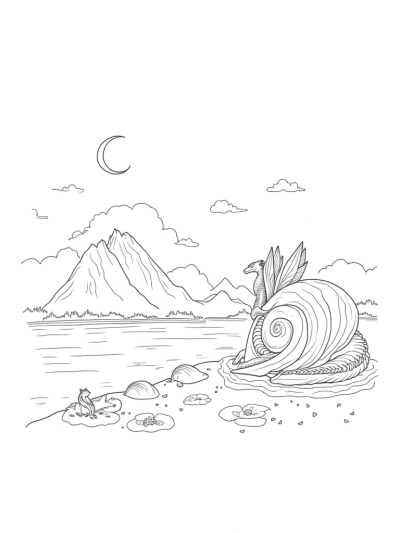 Dragonfly Dragon Resting on a Spiraled Seashell by the Lake