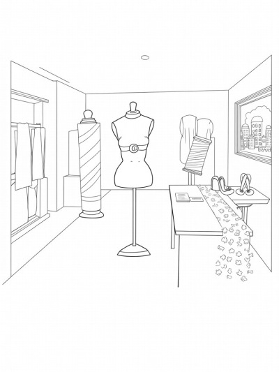 Fashion Atelier with Giant Sewing Tools and Rainbow Shoes