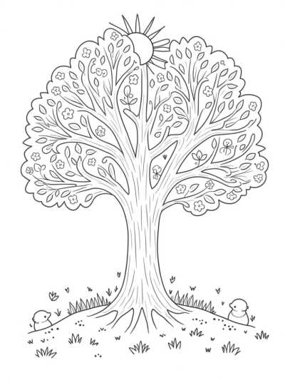 Four Seasons Tree with Blossoms, Leaves, and Snow