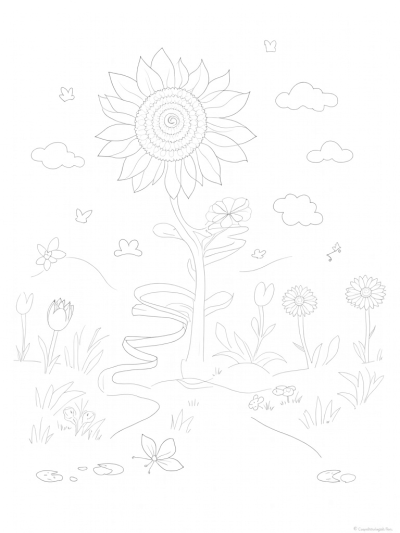 Whimsical Garden with Giant Flowers and Butterflies
