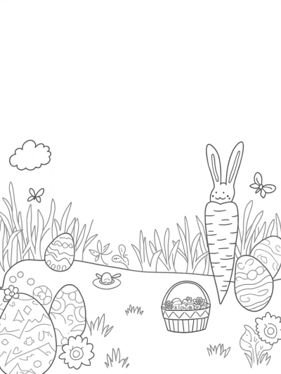 Giant Carrot and Bunny Footprints in a Flower Garden