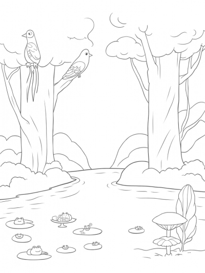 Twisting Trees and Colorful Birds in a Whimsical Forest