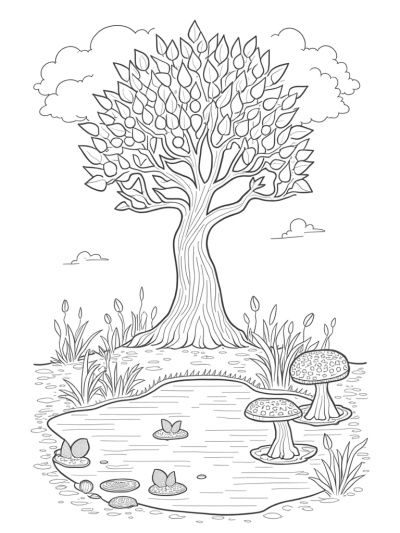 Mosaic Tree with Lantern Fruit and Whimsical Mushrooms