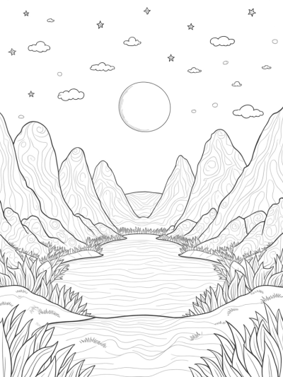 Layered Landscape with Geometric Rocks and Leaf-Shaped Lake