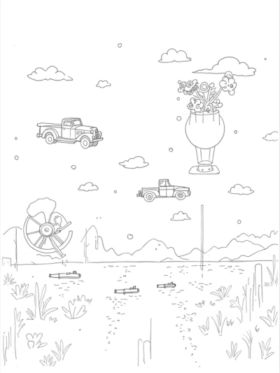 Floating City with Vintage Cars and Hot Air Balloon
