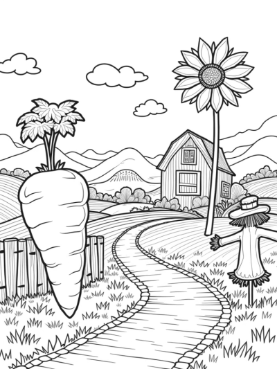 Giant Vegetables and a Sunflower Barn in a Farm Landscape