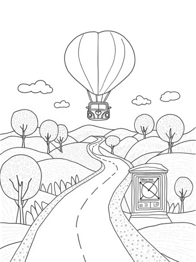 Giant Bus-Shaped Hot Air Balloon Over a Colorful Cityscape