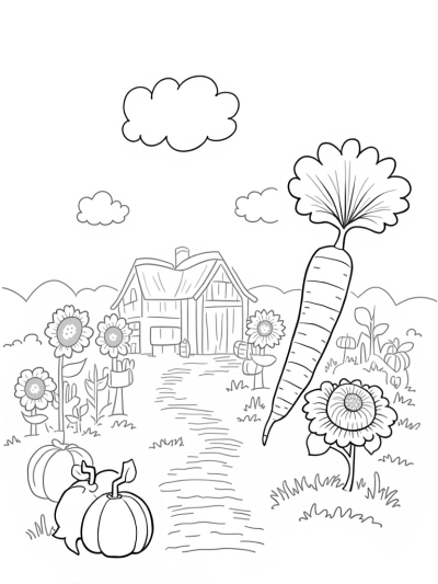 Oversized Vegetables in a Patchwork Farm Landscape