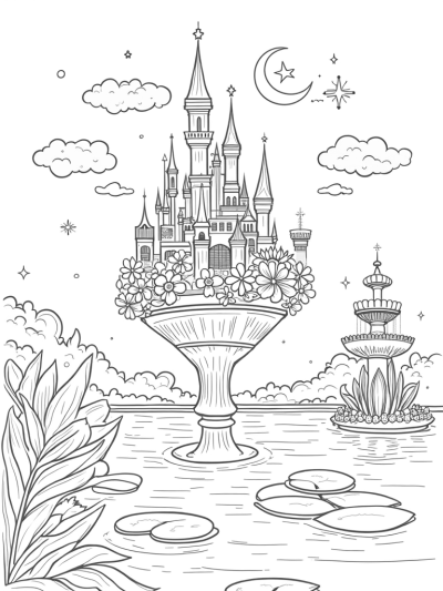 Floating Castle with Flower Balconies and Sparkling Fountain