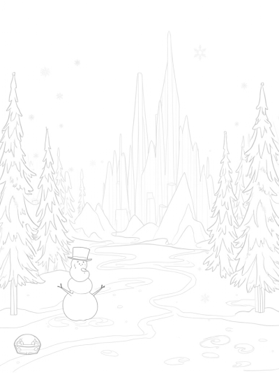 Frozen Forest with Ice Castle and Snowman