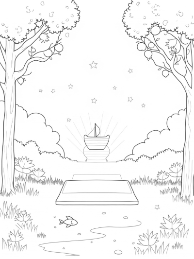 Serene Garden with Spiraled Trees and Dove Fruits