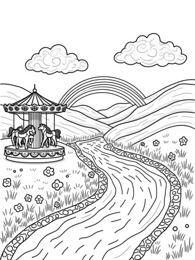 Pony Carousel in a Flower-Filled Landscape