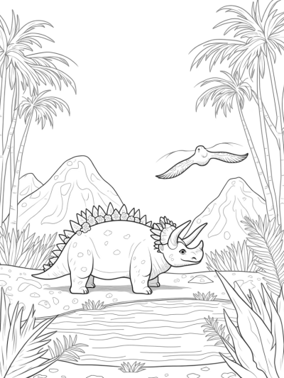 Triceratops and Pterosaur in a Prehistoric Jungle