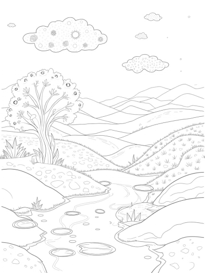 Dreamy Landscape with Spiraled Tree and Artistic Clouds
