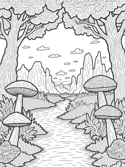 Vibrant Forest Canopy with Colorful Leaves and Unique Mushrooms