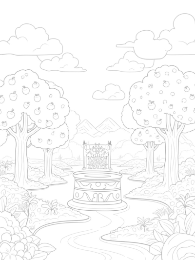 Serene Garden with Vibrant Fruit Trees and Ancient Well