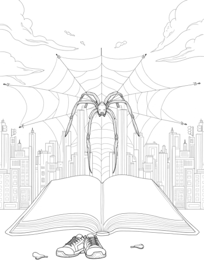 Cityscape Spider with Comic Book and Sneakers