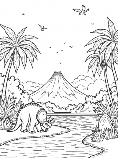 Triceratops and Dinosaur Egg in a Prehistoric Jungle