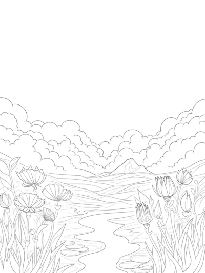 Whimsical Landscape with Giant Clouds and Flowers