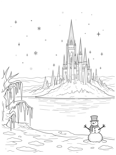 Majestic Ice Castle with Snowman and Icicles