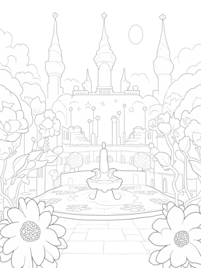 Grand Castle Courtyard with Flowers and Fountain