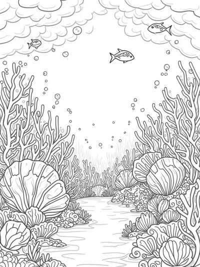 Underwater Garden with Giant Seashell and Colorful Fish