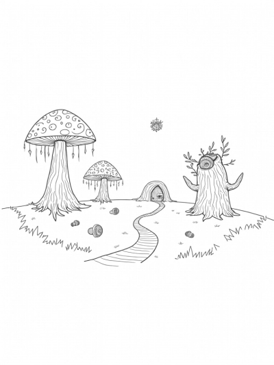 Oversized Mushrooms and a Grumpy Tree in a Forest Clearing