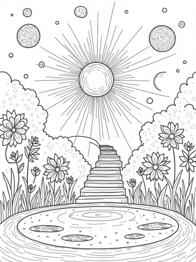 Cosmic Garden with Floating Planets and Sunburst