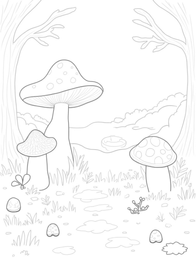 Forest Clearing with Animal-Shaped Mushrooms and a Serene Pond
