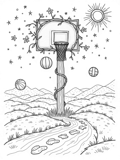 Vine-Wrapped Basketball Hoop with Floating Balls