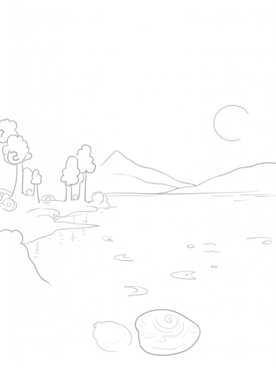 Tranquil Lake with Musical Clouds and Whimsical Trees
