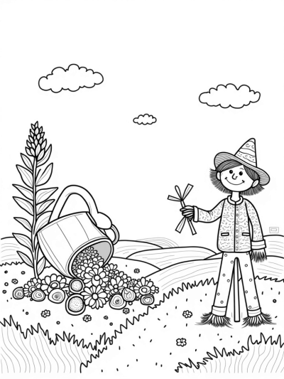 Giant Watering Can and Cheerful Scarecrow on the Farm