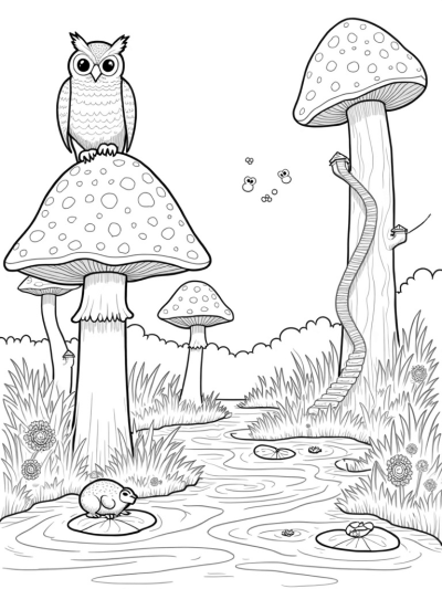 Magical Forest with Mushrooms and Owl