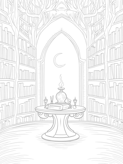 Enchanted Library with Floating Candle and Crystal Ball