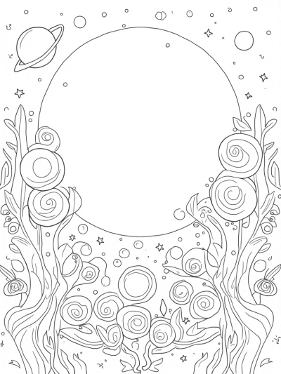 Cosmic Garden with Celestial Bodies and Flowers