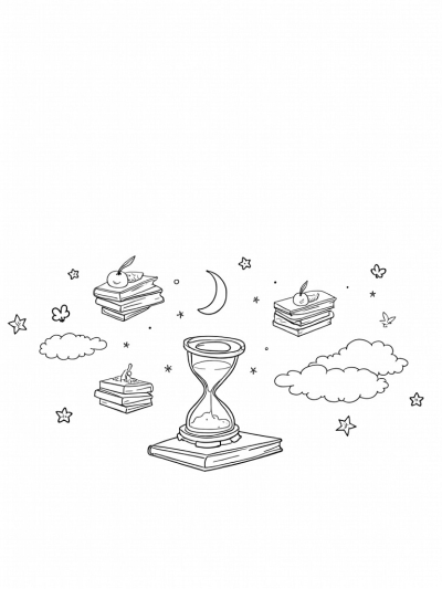 Floating Library with Magical Books and Hourglass