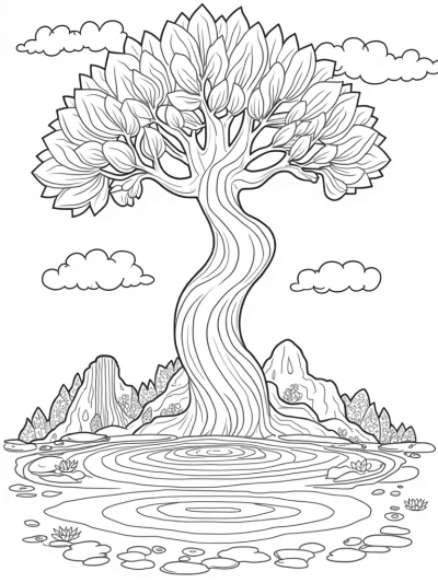 Twisting Tree with Geometric Leaves and Reflective Pond
