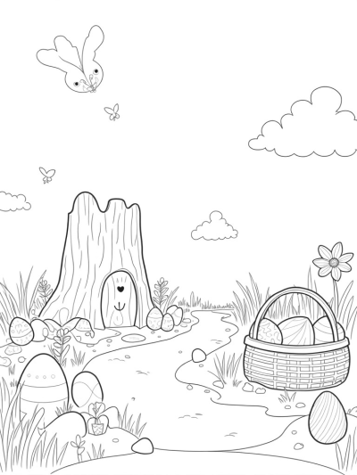 Oversized Eggs and a Bunny Burrow in a Garden