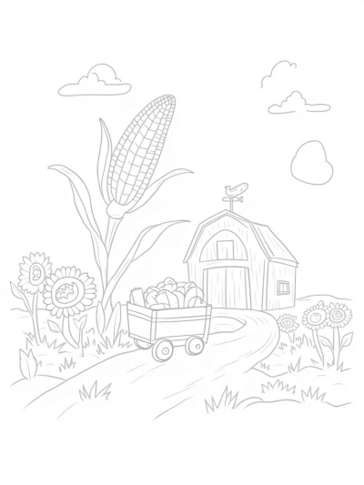 Giant Corn Stalk and Cartoon Veggies on the Farm
