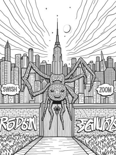 Urban Twilight Skyline with Giant Spider and Graffiti
