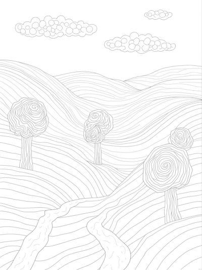 Dreamlike Landscape with Rolling Hills and Abstract Trees